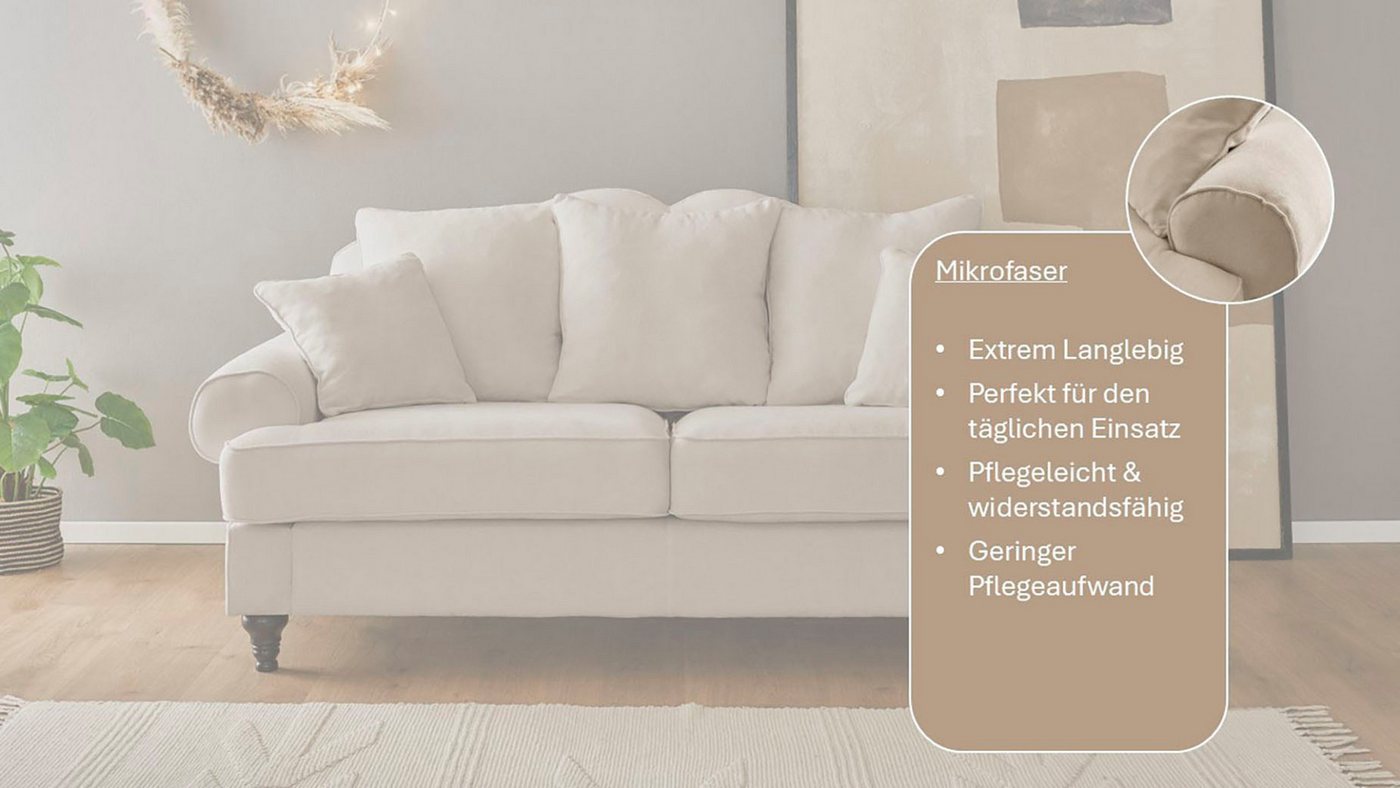 OTTO home 3-Sitzer Westminster, Sofa im Landhausstil, Couch mit Zierkissen, Federkern-Polsterung, gedrechselter Fuß, hochwertiger Microfaserbezug – Bild 3 von 5
