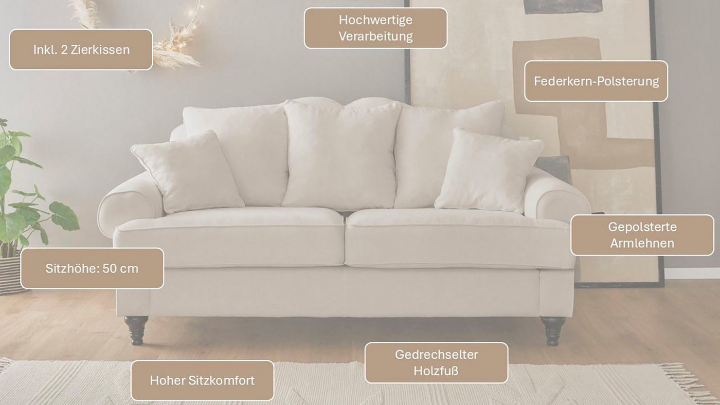 OTTO home 3-Sitzer Westminster, Sofa im Landhausstil, Couch mit Zierkissen, Federkern-Polsterung, gedrechselter Fuß, hochwertiger Microfaserbezug – Bild 4 von 5