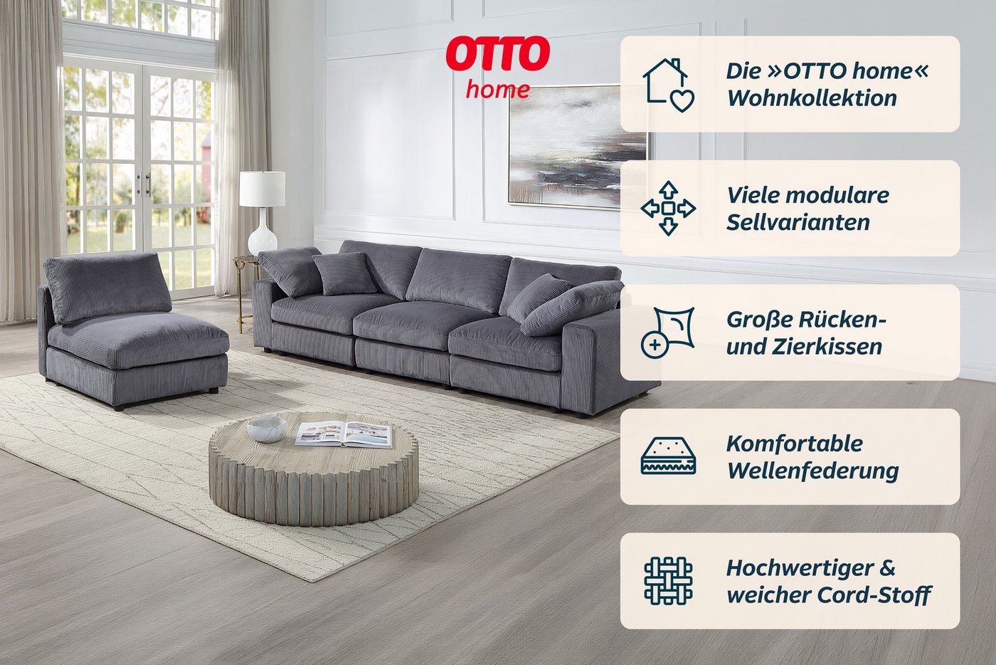 OTTO home 4-Sitzer Berny, individuell stellbar, modular-Sofa, Set 4 Teile, inklusive 2 großen & 2 kleinen Zierkissen im flauschigen Cord – Bild 3 von 5