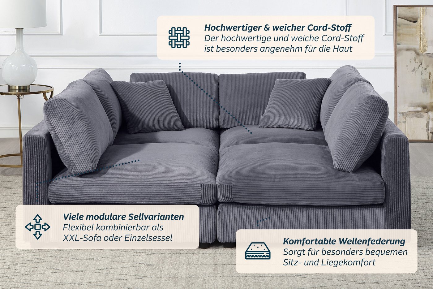 OTTO home 4-Sitzer Berny, individuell stellbar, modular-Sofa, Set 4 Teile, inklusive 2 großen & 2 kleinen Zierkissen im flauschigen Cord – Bild 4 von 5