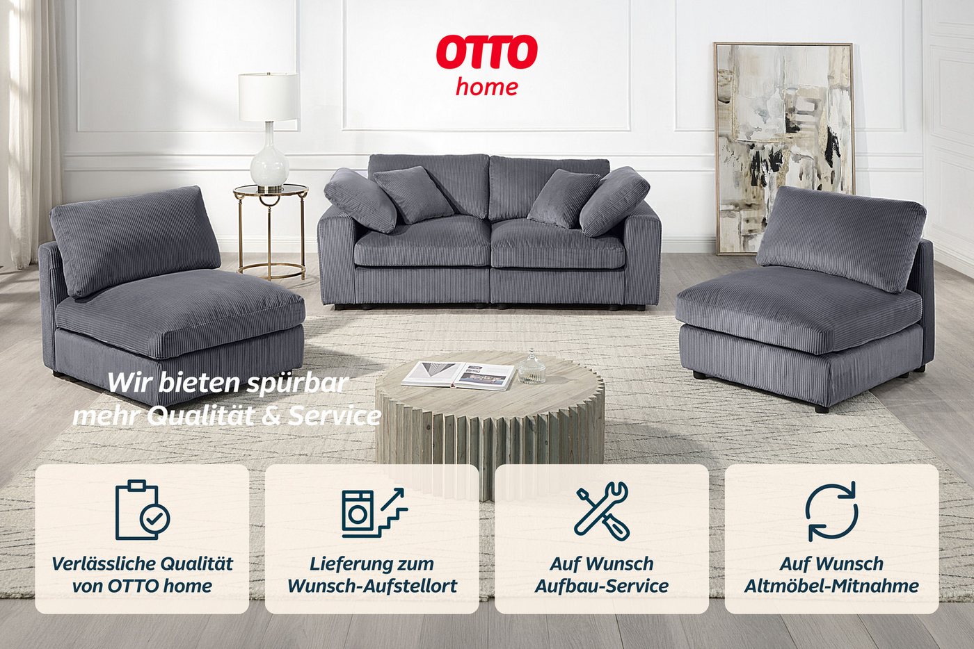 OTTO home 4-Sitzer Berny, individuell stellbar, modular-Sofa, Set 4 Teile, inklusive 2 großen & 2 kleinen Zierkissen im flauschigen Cord – Bild 5 von 5