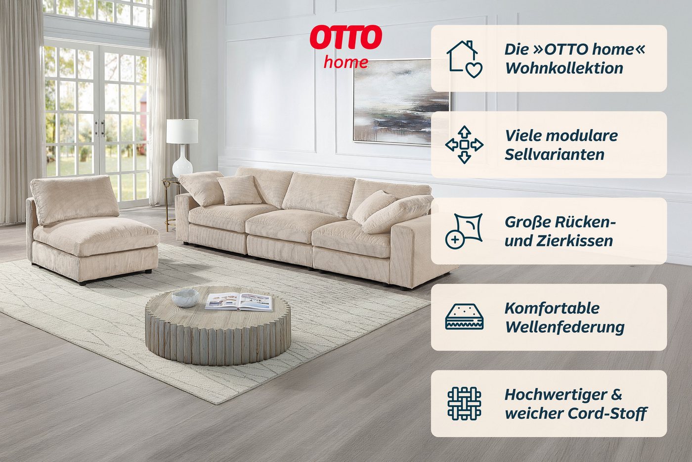 OTTO home 4-Sitzer Berny, individuell stellbar, modular-Sofa, Set 4 Teile, inklusive 2 großen & 2 kleinen Zierkissen im flauschigen Cord – Bild 3 von 5