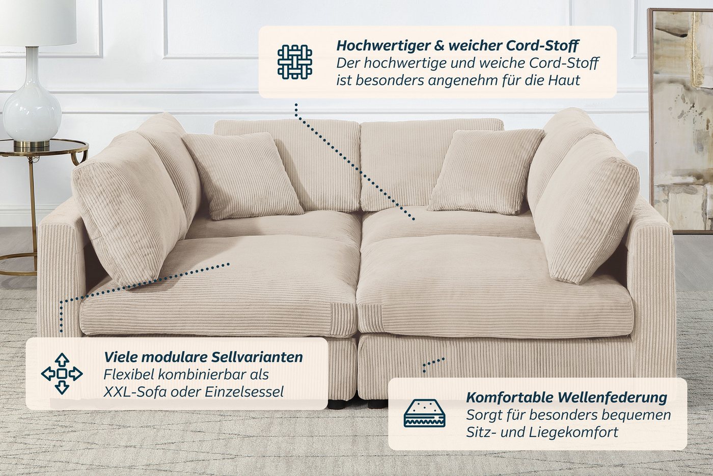 OTTO home 4-Sitzer Berny, individuell stellbar, modular-Sofa, Set 4 Teile, inklusive 2 großen & 2 kleinen Zierkissen im flauschigen Cord – Bild 4 von 5