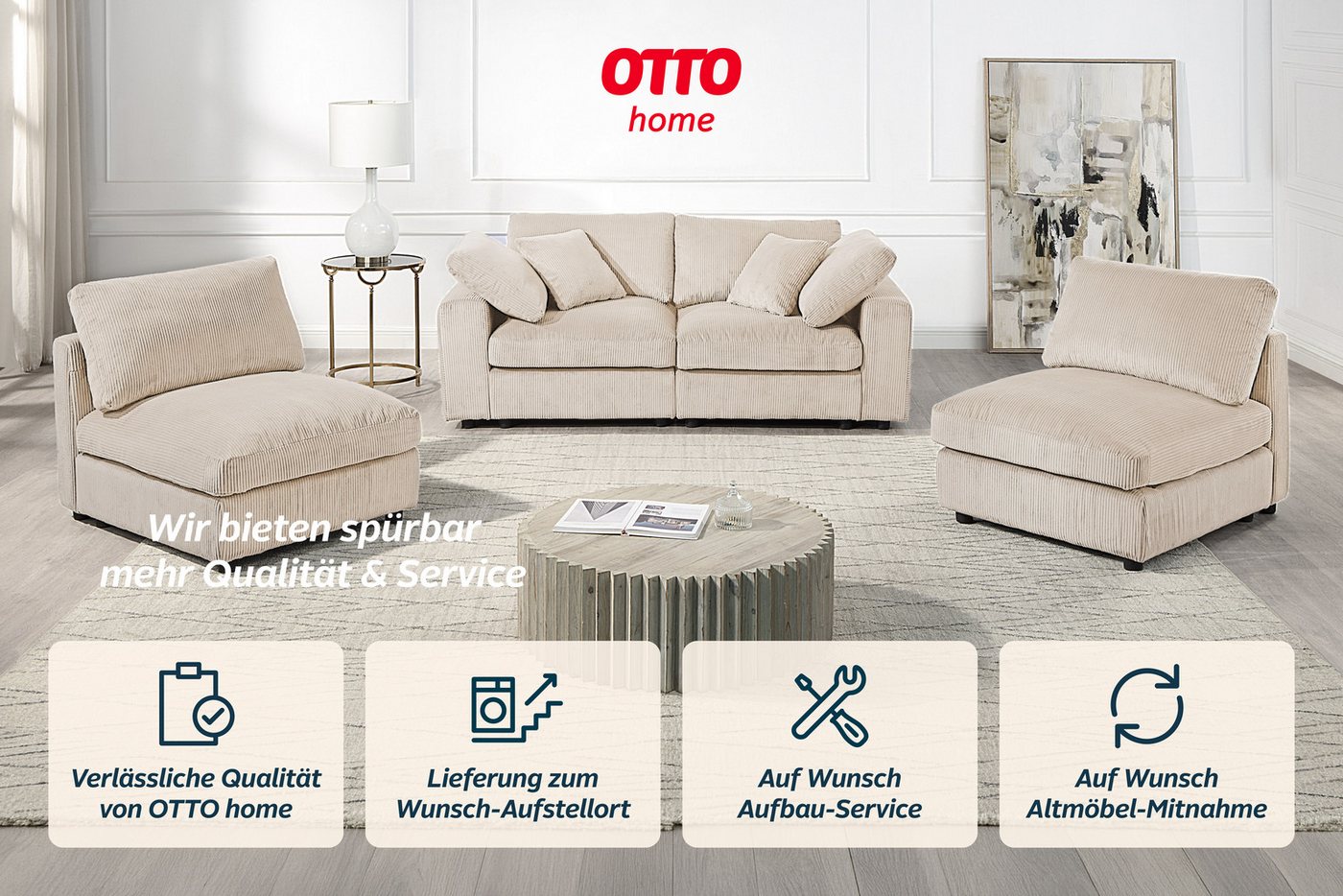 OTTO home 4-Sitzer Berny, individuell stellbar, modular-Sofa, Set 4 Teile, inklusive 2 großen & 2 kleinen Zierkissen im flauschigen Cord – Bild 5 von 5