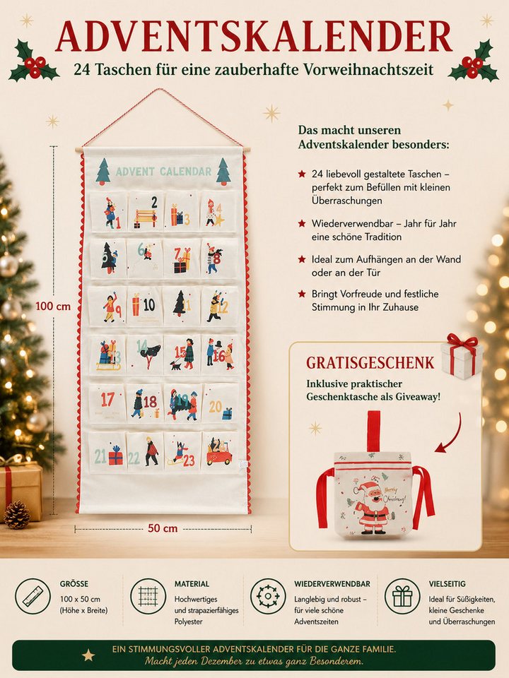 OTTO home Adventskalender mit Gratis Geschenksäckchen(ca.18x13cm), ca.50x100cm, ideal für Türen oder als Wandbehang – Bild 4 von 4