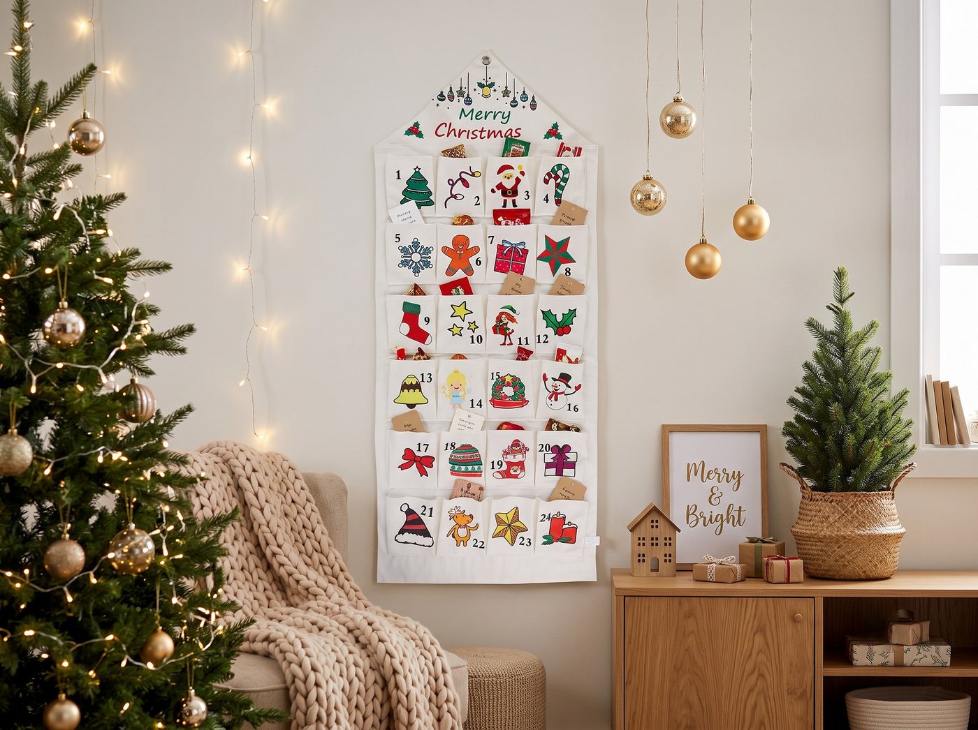OTTO home Adventskalender mit Gratis Säckchen, aus Stoff mit kunterbunten Motiven,zum Befüllen, ca.47x117cm, ideal für Türen oder als Wandbehang – Bild 3 von 4