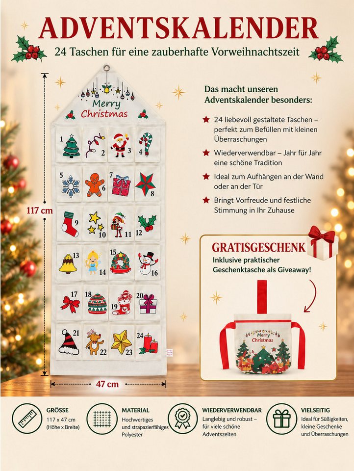 OTTO home Adventskalender mit Gratis Säckchen, aus Stoff mit kunterbunten Motiven,zum Befüllen, ca.47x117cm, ideal für Türen oder als Wandbehang – Bild 4 von 4