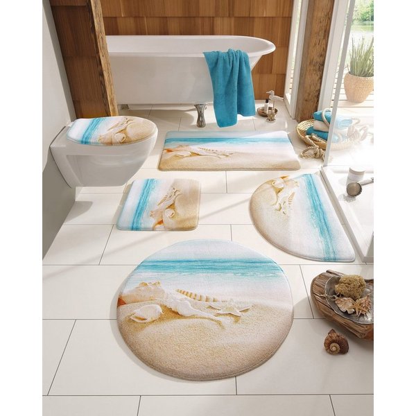 OTTO home Badematte Strand, Höhe 14 mm, Memory Schaum, schnell trocknend, fußbodenheizungsgeeignet, Kunstfaser, 2-tlg. Stand-WC Set, mit Strand-Motiv, Badematte