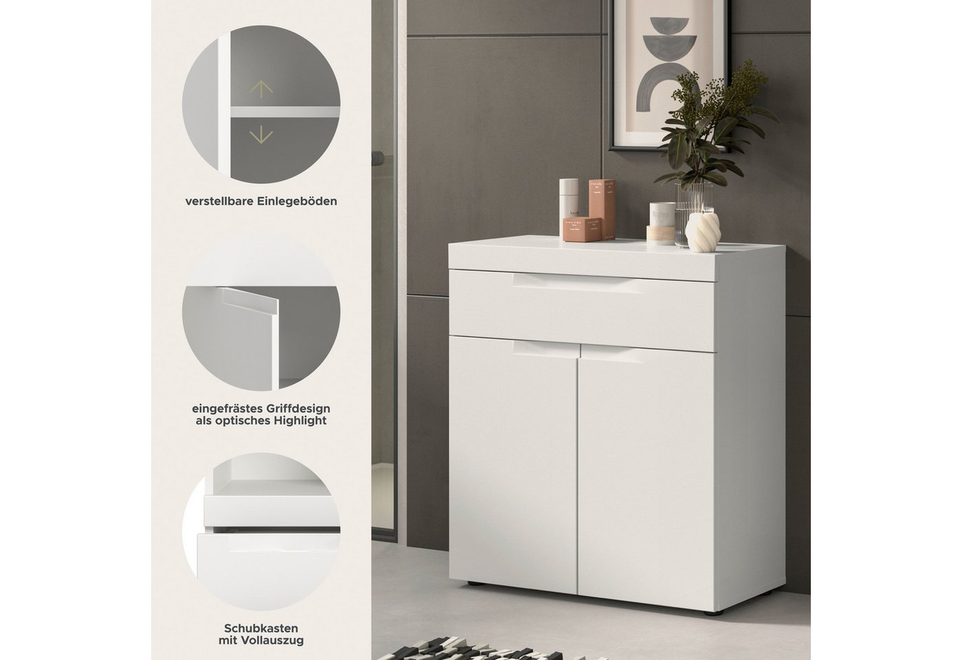 OTTO home Badkommode MAOI, Breite 75 cm, 2 Türen, 1 Schubkasten, 2 Fächer (mit eingefräster Griffmulde in der MDF Front), Badezimmerschrank, Schrank, Kommode, M – Bild 3 von 5
