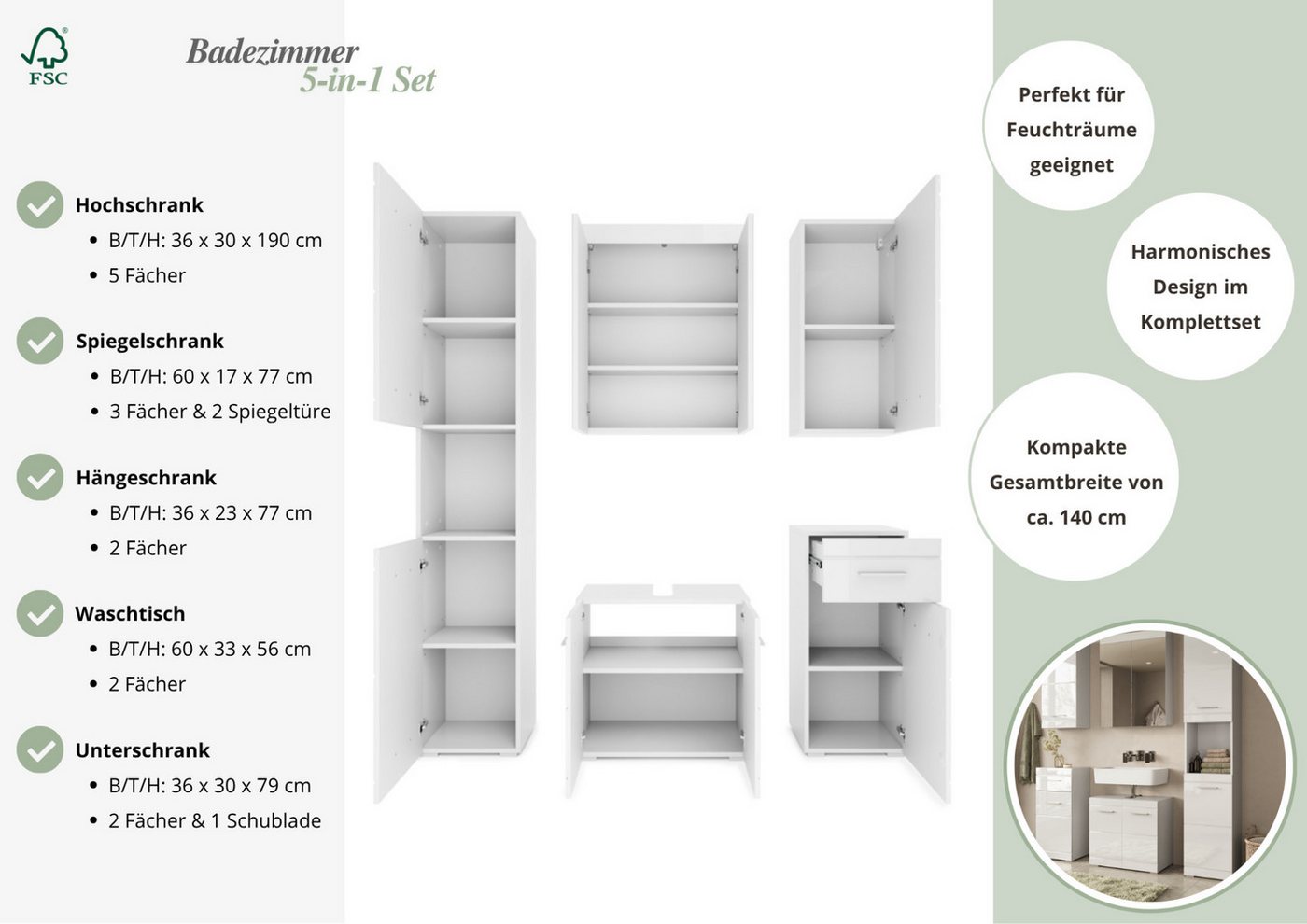 OTTO home Badmöbel-Set Föhr, (Set, 5-St), mit eleganten Hochglanzfronten, FSC® zertifiziert – Bild 4 von 5
