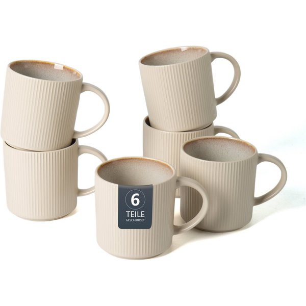 OTTO home Becher Kaffeebecher Ylvii, 6er Set, 6-tlg., Steinzeug, Riffeloptik, spülmaschinenfest und mikrowellengeeignet, 460 ml
