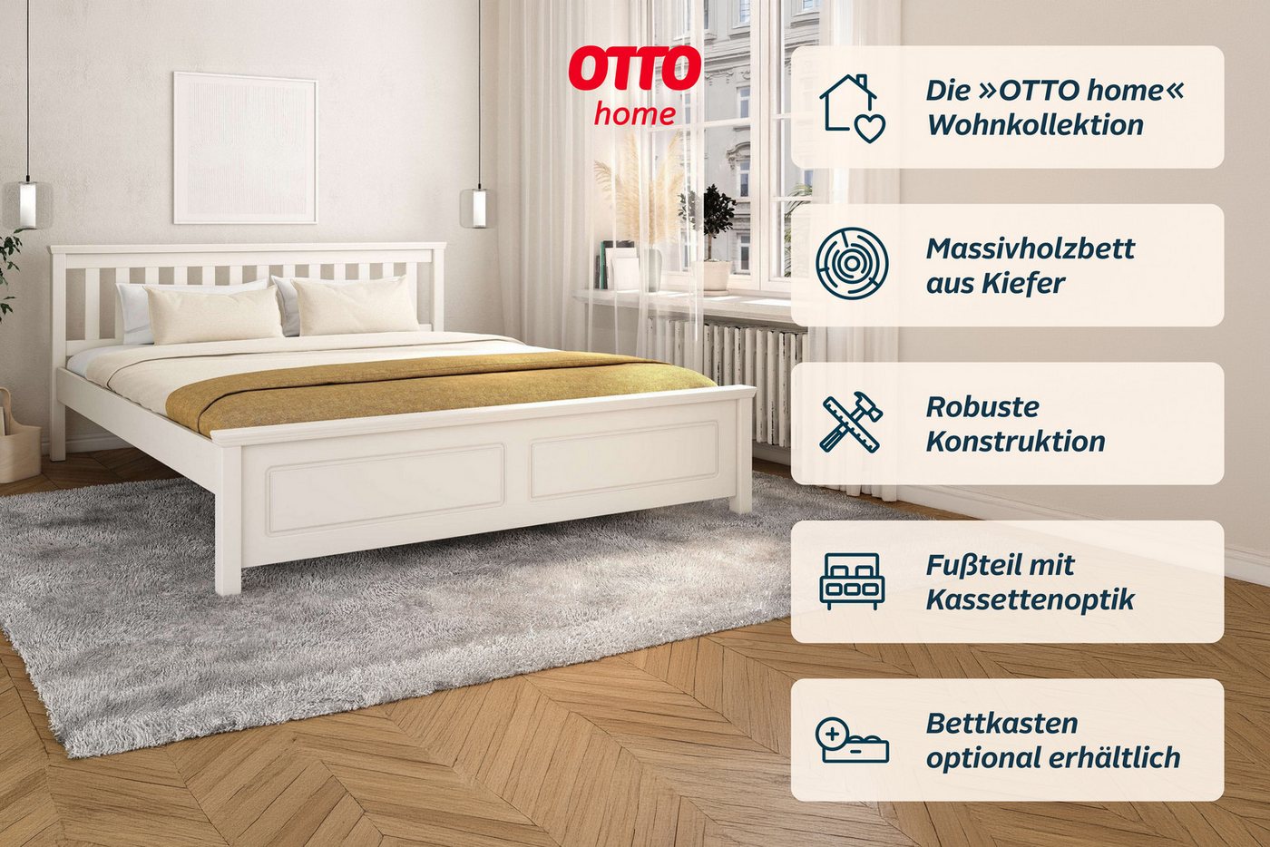 OTTO home Bett Fredegaard, skandinavischer Stil, vielseitig kombinierbar, 2 Breiten (180er oder 140er Breite), Sprossen am Kopfteil, mit Lattenrost, Kassettenop – Bild 2 von 5