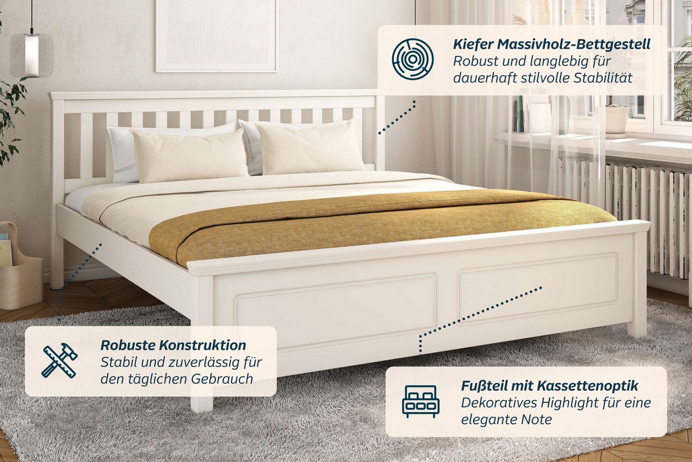 OTTO home Bett Fredegaard, skandinavischer Stil, vielseitig kombinierbar, 2 Breiten (180er oder 140er Breite), Sprossen am Kopfteil, mit Lattenrost, Kassettenop – Bild 3 von 5