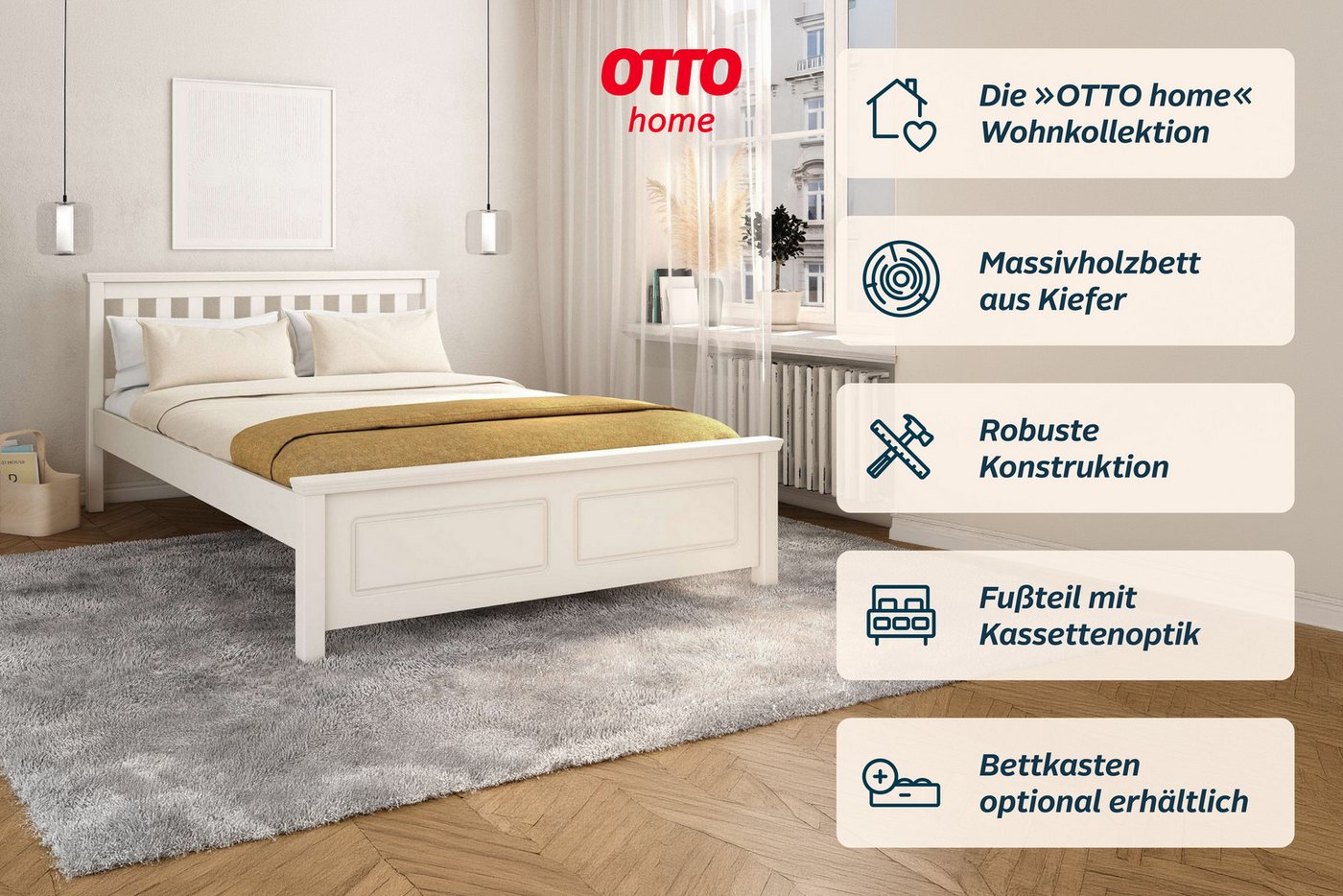 OTTO home Bett Fredegaard, skandinavischer Stil, vielseitig kombinierbar, 2 Breiten (180er oder 140er Breite), Sprossen am Kopfteil, mit Lattenrost, Kassettenop – Bild 2 von 5