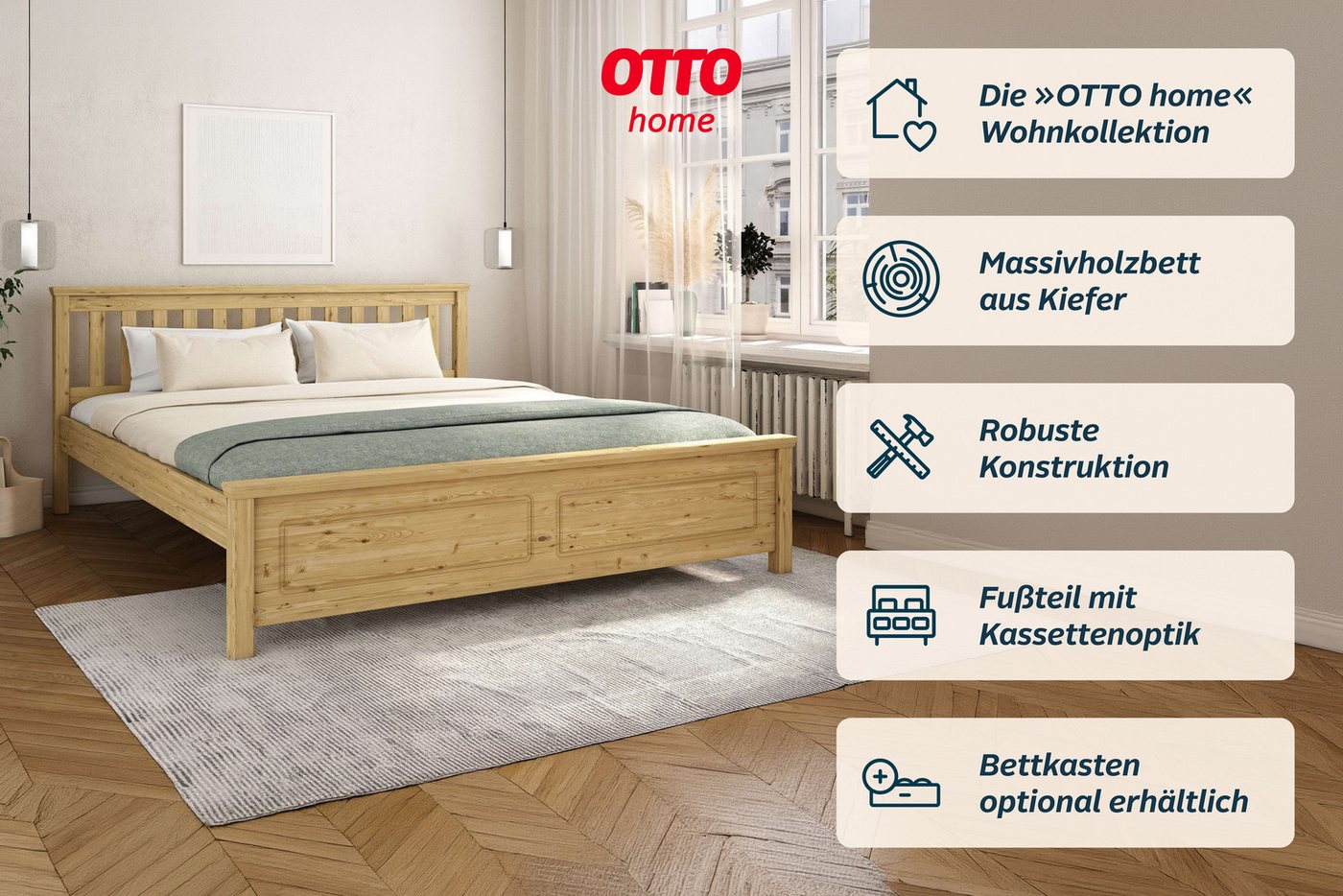 OTTO home Bett Fredegaard, skandinavischer Stil, vielseitig kombinierbar, 2 Breiten (180er oder 140er Breite), Sprossen am Kopfteil, mit Lattenrost, Kassettenop – Bild 2 von 5