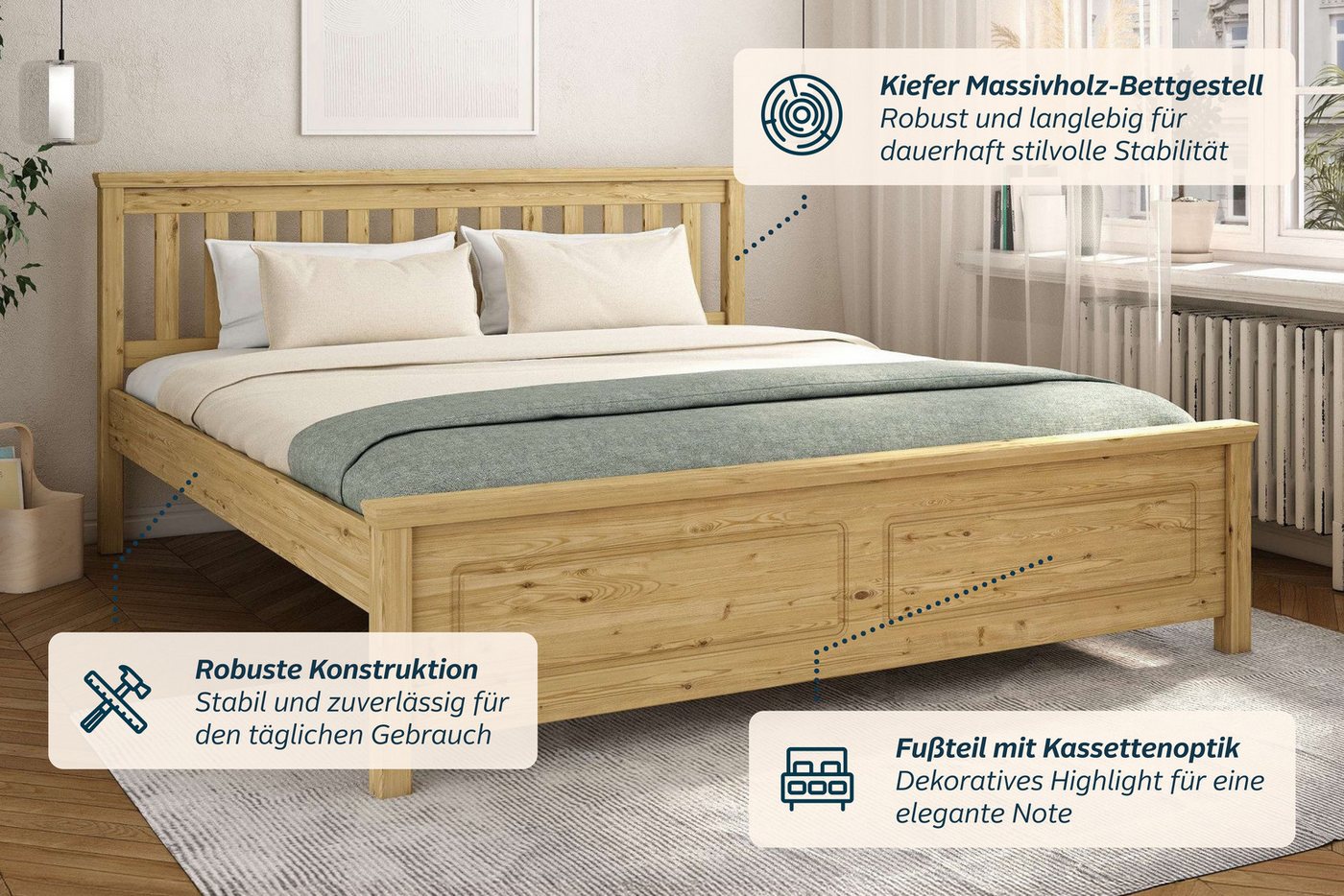 OTTO home Bett Fredegaard, skandinavischer Stil, vielseitig kombinierbar, 2 Breiten (180er oder 140er Breite), Sprossen am Kopfteil, mit Lattenrost, Kassettenop – Bild 3 von 5