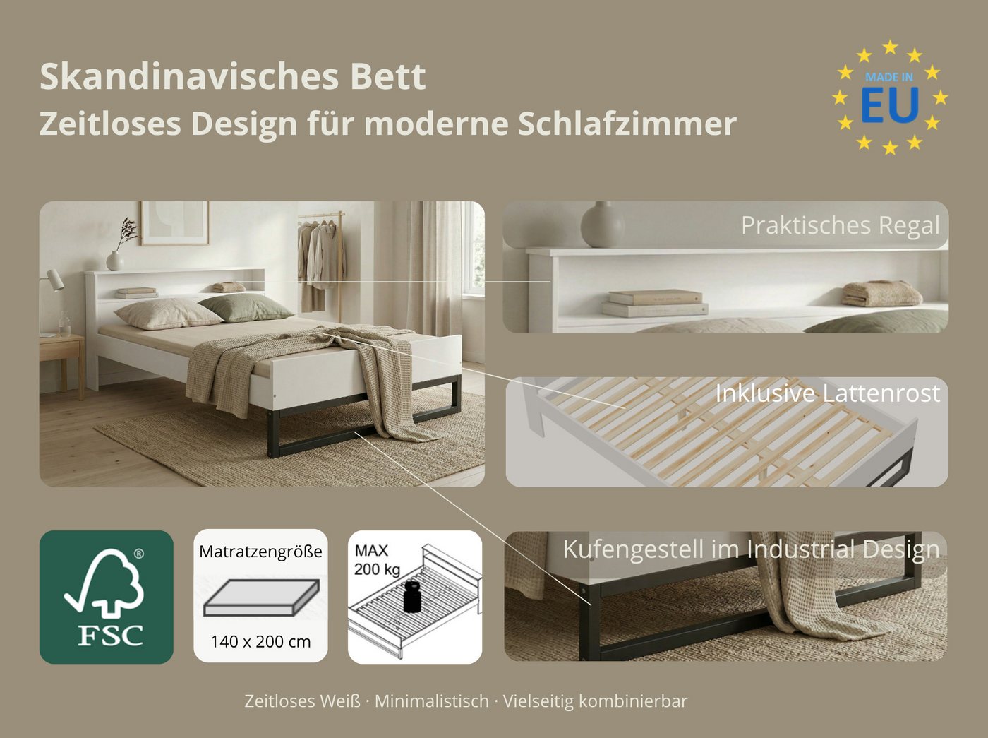 OTTO home Bett Pannor, Industrial Design, mit Regal, Lattenrost inklusive (Liegefläche Breite 140 oder 180cm), Kufengestell, bis 200 kg belastbar, FSC-zertifizi – Bild 2 von 5