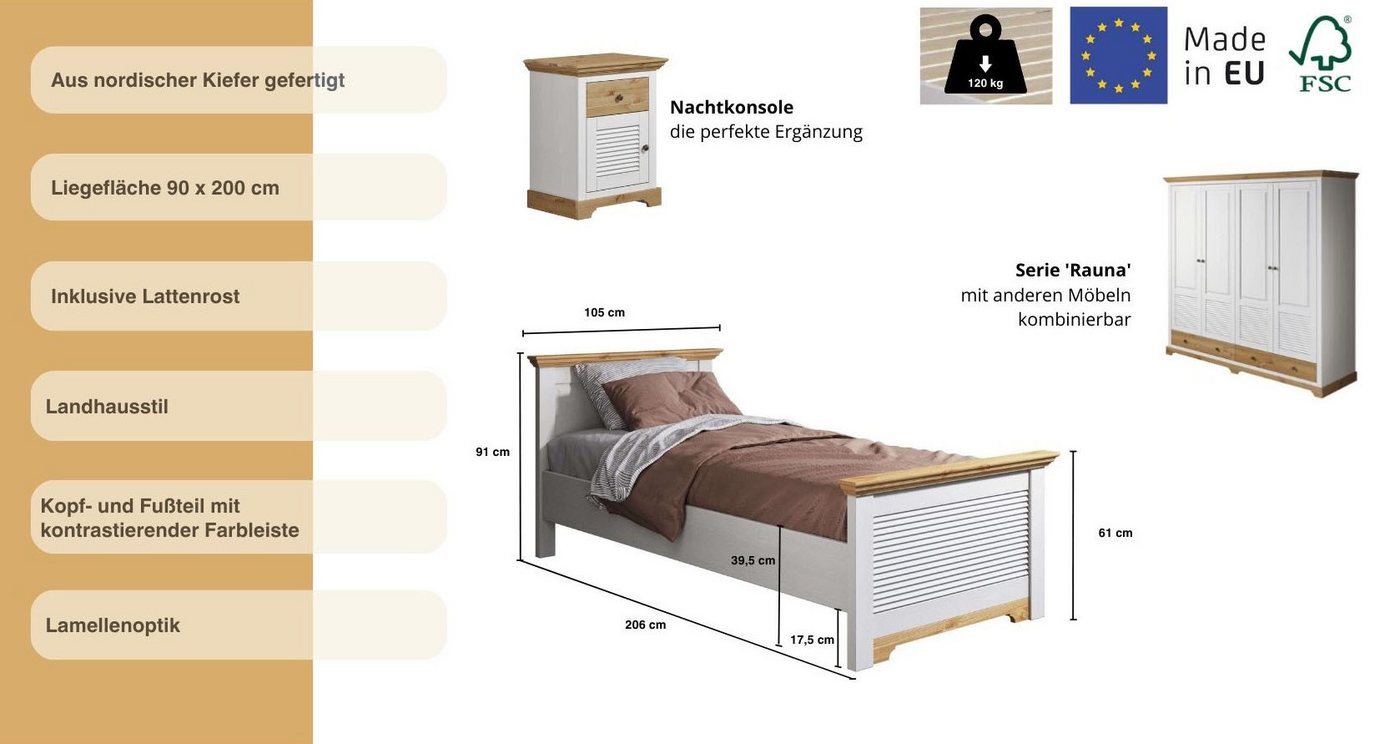 OTTO home Bett Rauna, Landhausstil, edles Design mit Lamellen und Kassetten, 2 Farben (Breite/Belastbarkeit 180cm=220 KG, 90cm=120KG), FSC® zertifiziertes Kiefe – Bild 3 von 5