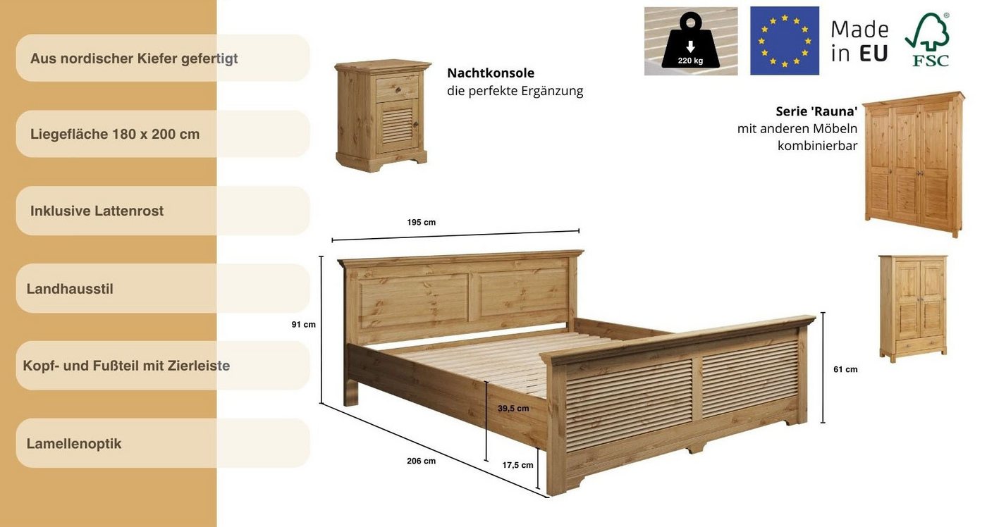 OTTO home Bett Rauna, Landhausstil, edles Design mit Lamellen und Kassetten, 2 Farben (Breite/Belastbarkeit 180cm=220 KG, 90cm=120KG), FSC® zertifiziertes Kiefe – Bild 3 von 5