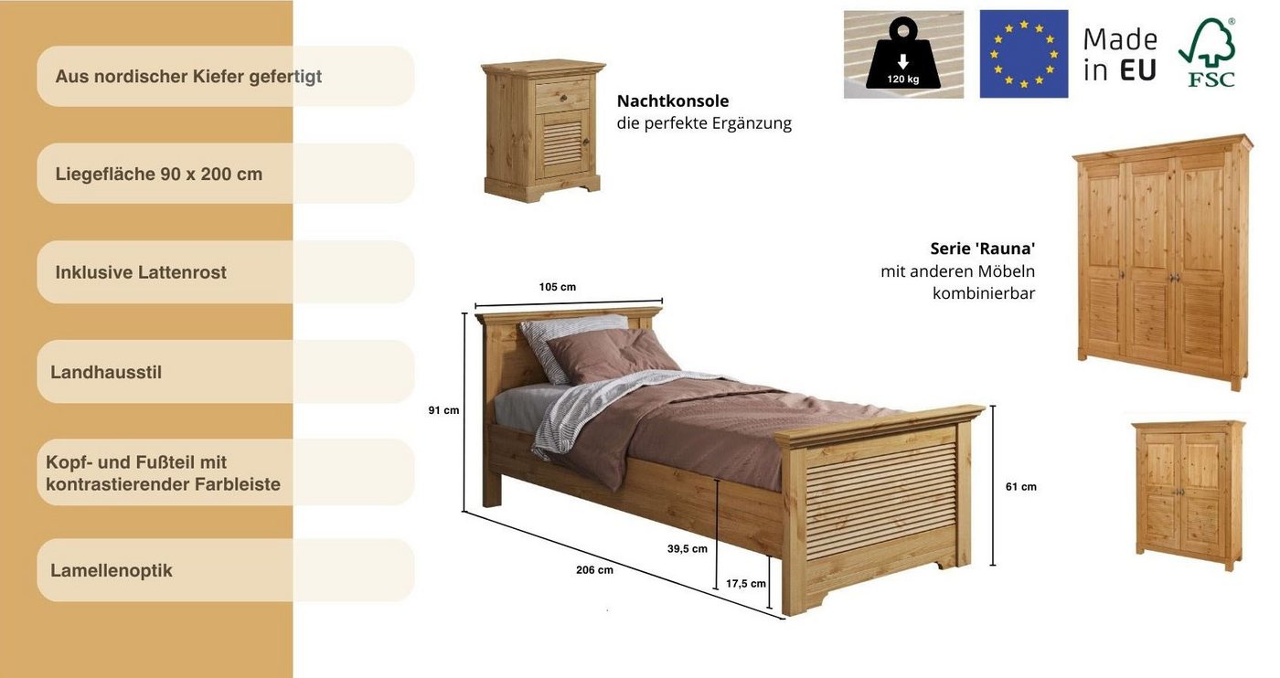 OTTO home Bett Rauna, Landhausstil, edles Design mit Lamellen und Kassetten, 2 Farben (Breite/Belastbarkeit 180cm=220 KG, 90cm=120KG), FSC® zertifiziertes Kiefe – Bild 3 von 5