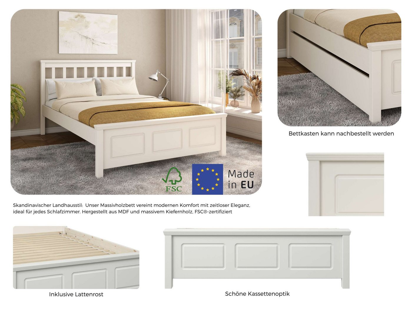 OTTO home Bett Tillian, Bettgestell, Doppelbett, Bettkasten optional, Made in EU (Liegefläche 140x200cm), aus massiver Kiefer in Kombination mit MDF, FSC®, inkl – Bild 3 von 5