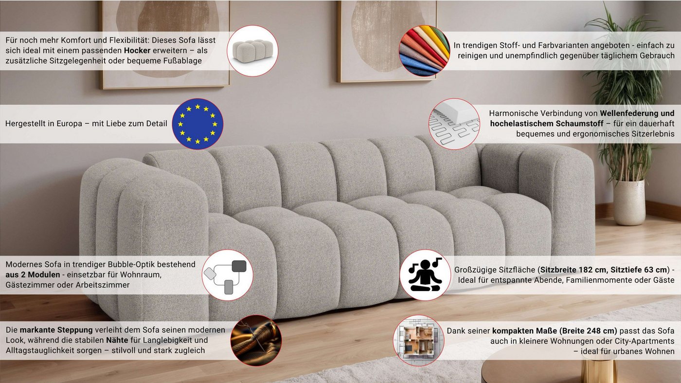 OTTO home Big-Sofa KALLIE Design-Sofa mit Steppung, Bubble-Optik, Breite 248 cm, moderne Steppung, hoher Sitzkomfort und modernes Design – Bild 3 von 5