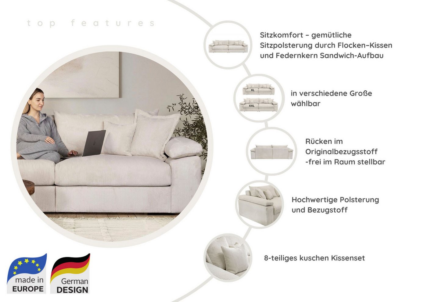 OTTO home Big-Sofa Soft&Cosy XL, B: 246 cm - OTTO. Verlässliche Qualität., Mega-Sofa, Cord oder Chenille-Struktur, mit Federkern & 4 Zierkissen – Bild 3 von 5