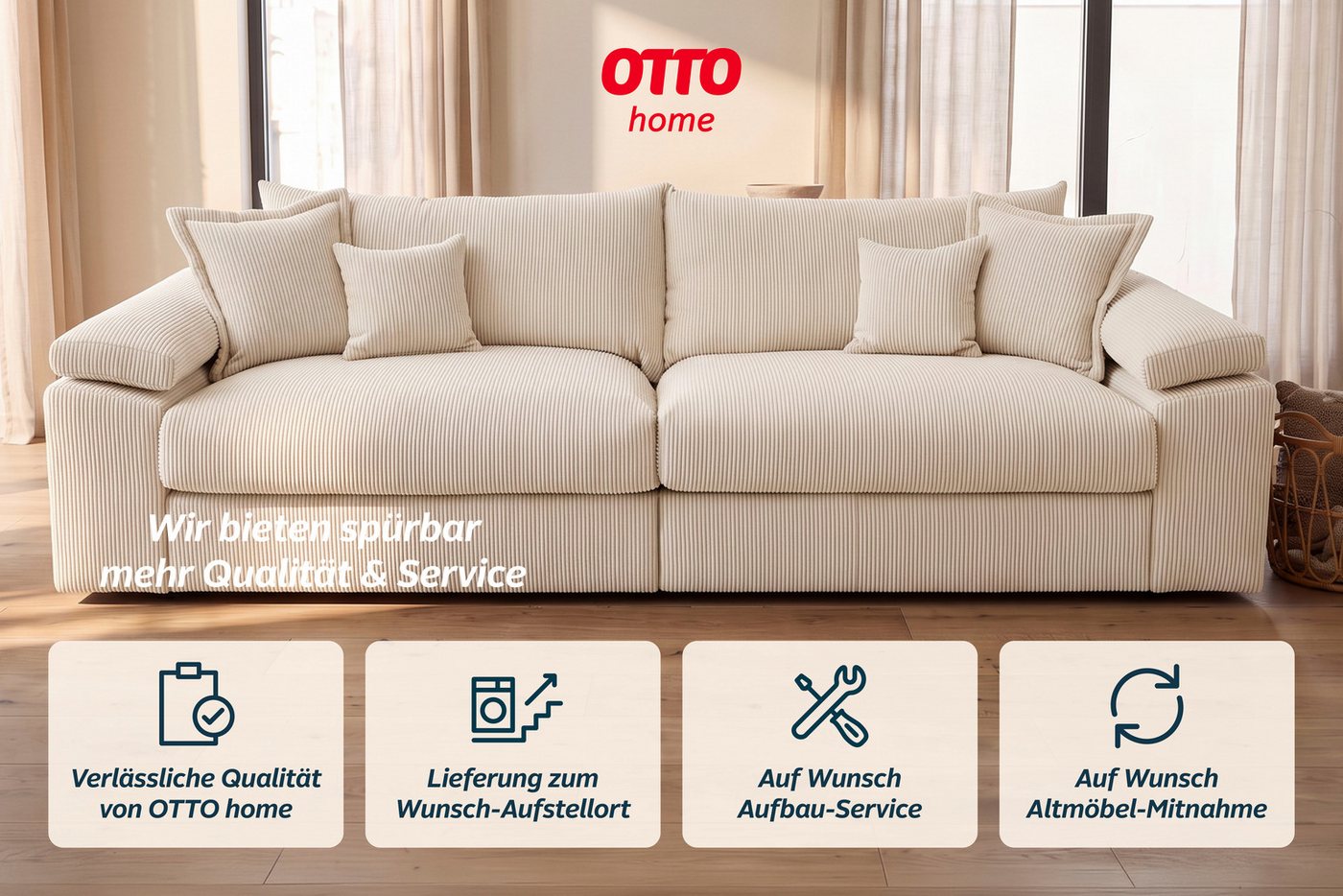 OTTO home Big-Sofa Soft&Cosy XXL, B: 303 cm - OTTO. Verlässliche Qualität., Mega-Sofa, Cord oder Chenille-Struktur, mit Federkern & 4 Zierkissen – Bild 4 von 5