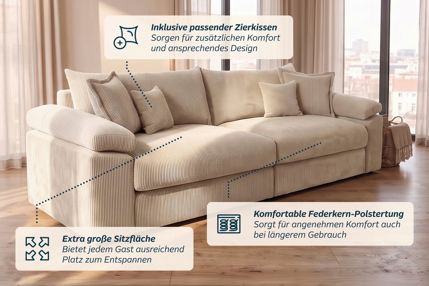 OTTO home Big-Sofa Soft&Cosy XXL, B: 303 cm - OTTO. Verlässliche Qualität., Mega-Sofa, Cord oder Chenille-Struktur, mit Federkern & 4 Zierkissen – Bild 5 von 5