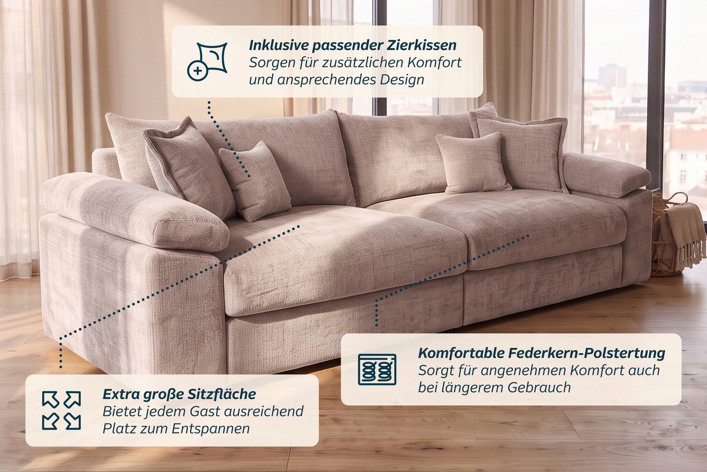 OTTO home Big-Sofa Soft&Cosy XXL, B: 303 cm - OTTO. Verlässliche Qualität., Mega-Sofa, Cord oder Chenille-Struktur, mit Federkern & 4 Zierkissen – Bild 5 von 5