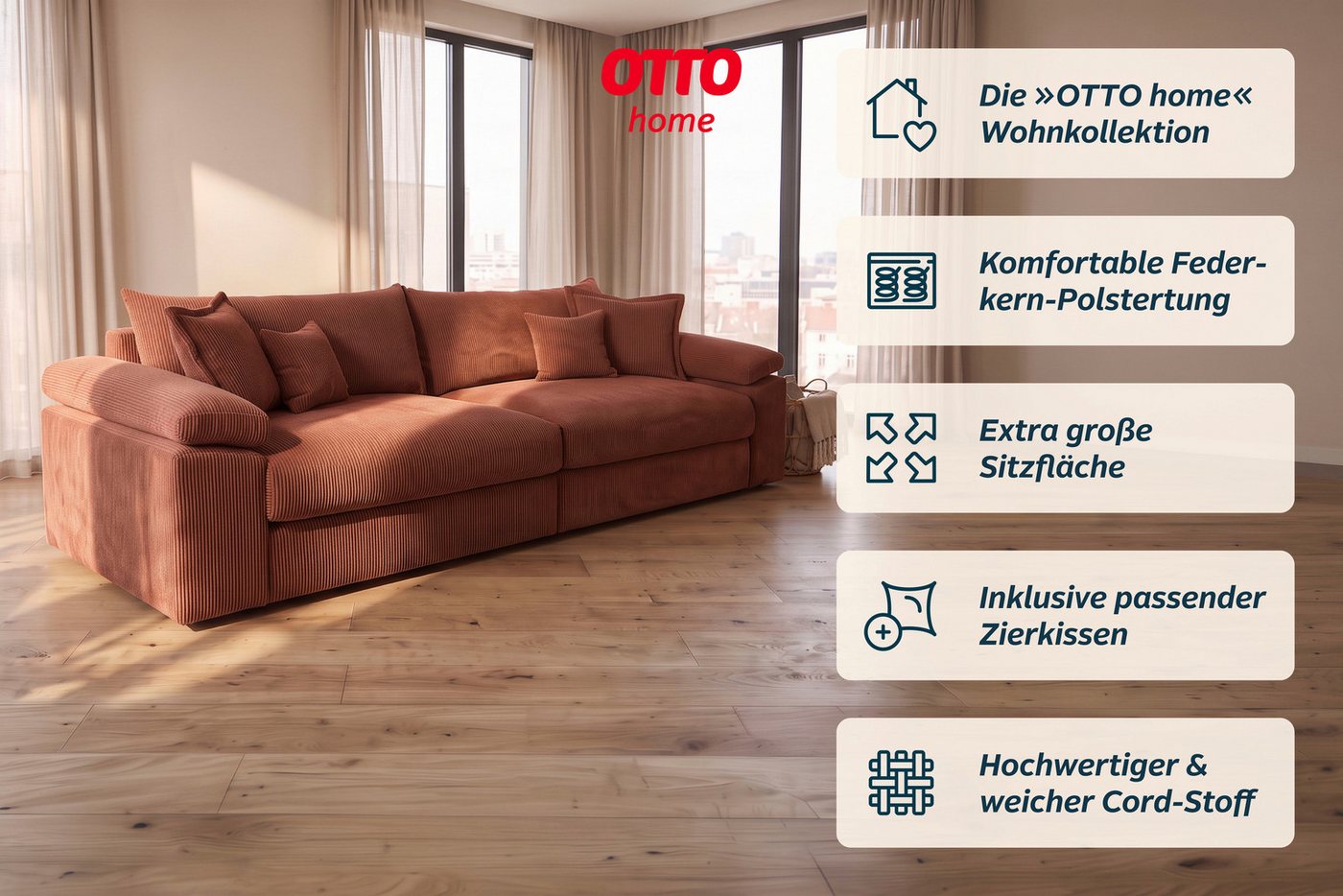 OTTO home Big-Sofa Soft&Cosy XXL, B: 303 cm - OTTO. Verlässliche Qualität., Mega-Sofa, Cord oder Chenille-Struktur, mit Federkern & 4 Zierkissen – Bild 3 von 5