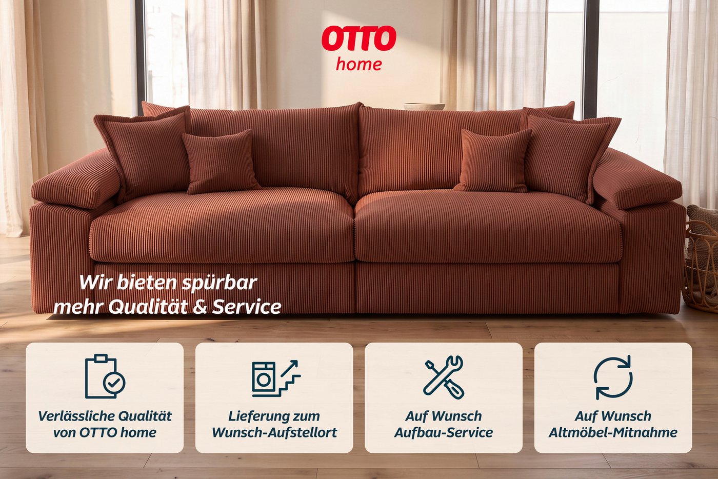 OTTO home Big-Sofa Soft&Cosy XXL, B: 303 cm - OTTO. Verlässliche Qualität., Mega-Sofa, Cord oder Chenille-Struktur, mit Federkern & 4 Zierkissen – Bild 4 von 5