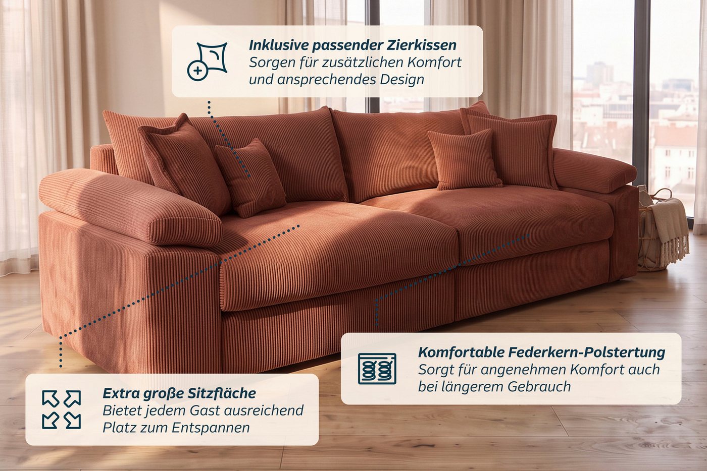 OTTO home Big-Sofa Soft&Cosy XXL, B: 303 cm - OTTO. Verlässliche Qualität., Mega-Sofa, Cord oder Chenille-Struktur, mit Federkern & 4 Zierkissen – Bild 5 von 5