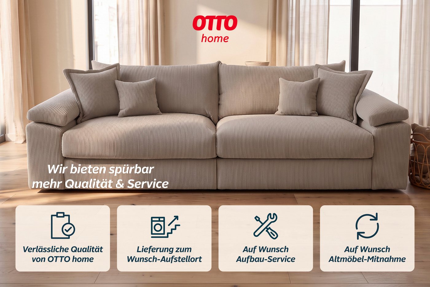 OTTO home Big-Sofa Soft&Cosy XXL, B: 303 cm - OTTO. Verlässliche Qualität., Mega-Sofa, Cord oder Chenille-Struktur, mit Federkern & 4 Zierkissen – Bild 4 von 5