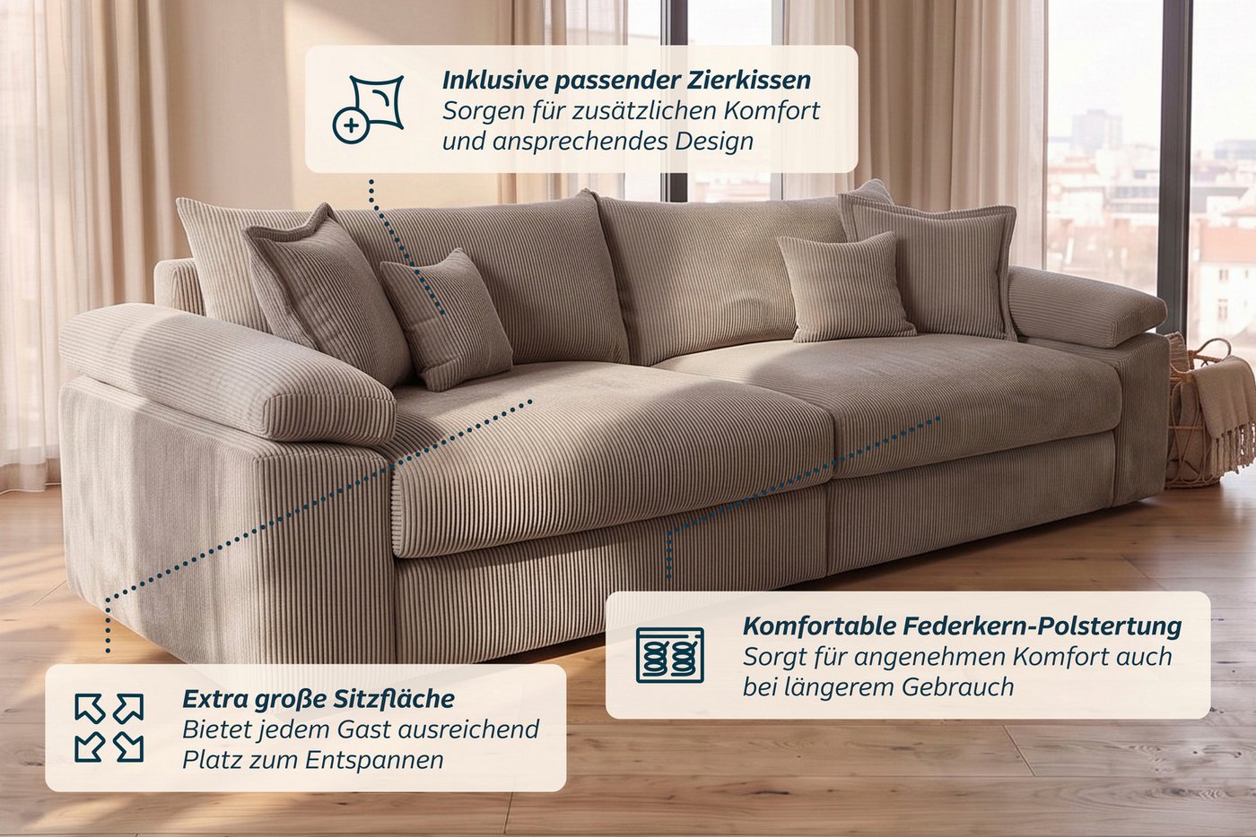 OTTO home Big-Sofa Soft&Cosy XXL, B: 303 cm - OTTO. Verlässliche Qualität., Mega-Sofa, Cord oder Chenille-Struktur, mit Federkern & 4 Zierkissen – Bild 5 von 5