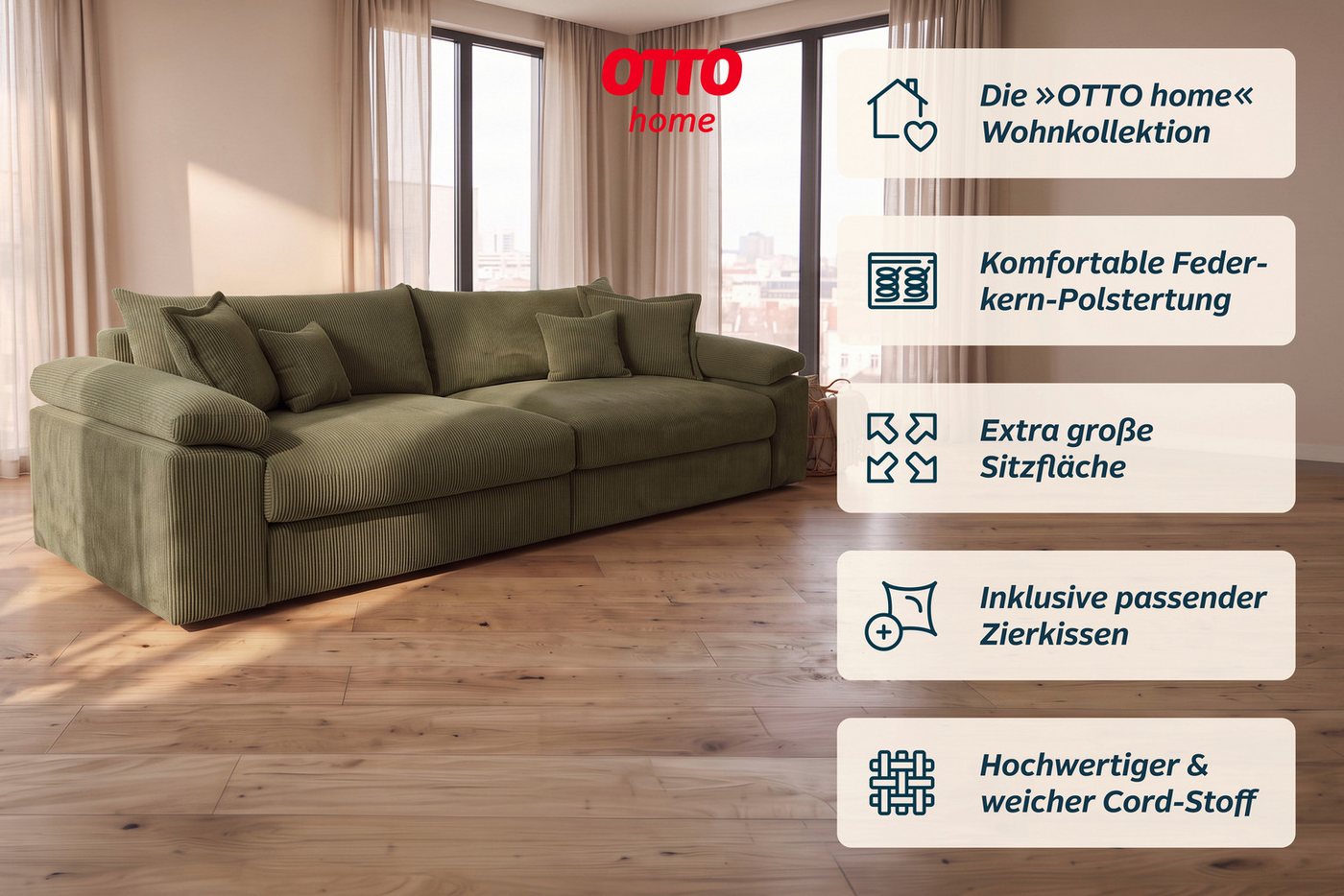 OTTO home Big-Sofa Soft&Cosy XXL, B: 303 cm - OTTO. Verlässliche Qualität., Mega-Sofa, Cord oder Chenille-Struktur, mit Federkern & 4 Zierkissen – Bild 3 von 5