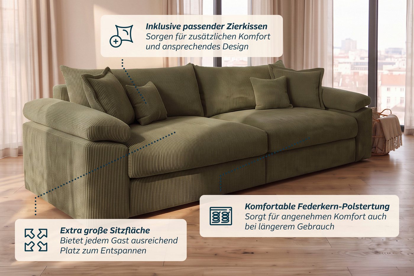 OTTO home Big-Sofa Soft&Cosy XXL, B: 303 cm - OTTO. Verlässliche Qualität., Mega-Sofa, Cord oder Chenille-Struktur, mit Federkern & 4 Zierkissen – Bild 5 von 5