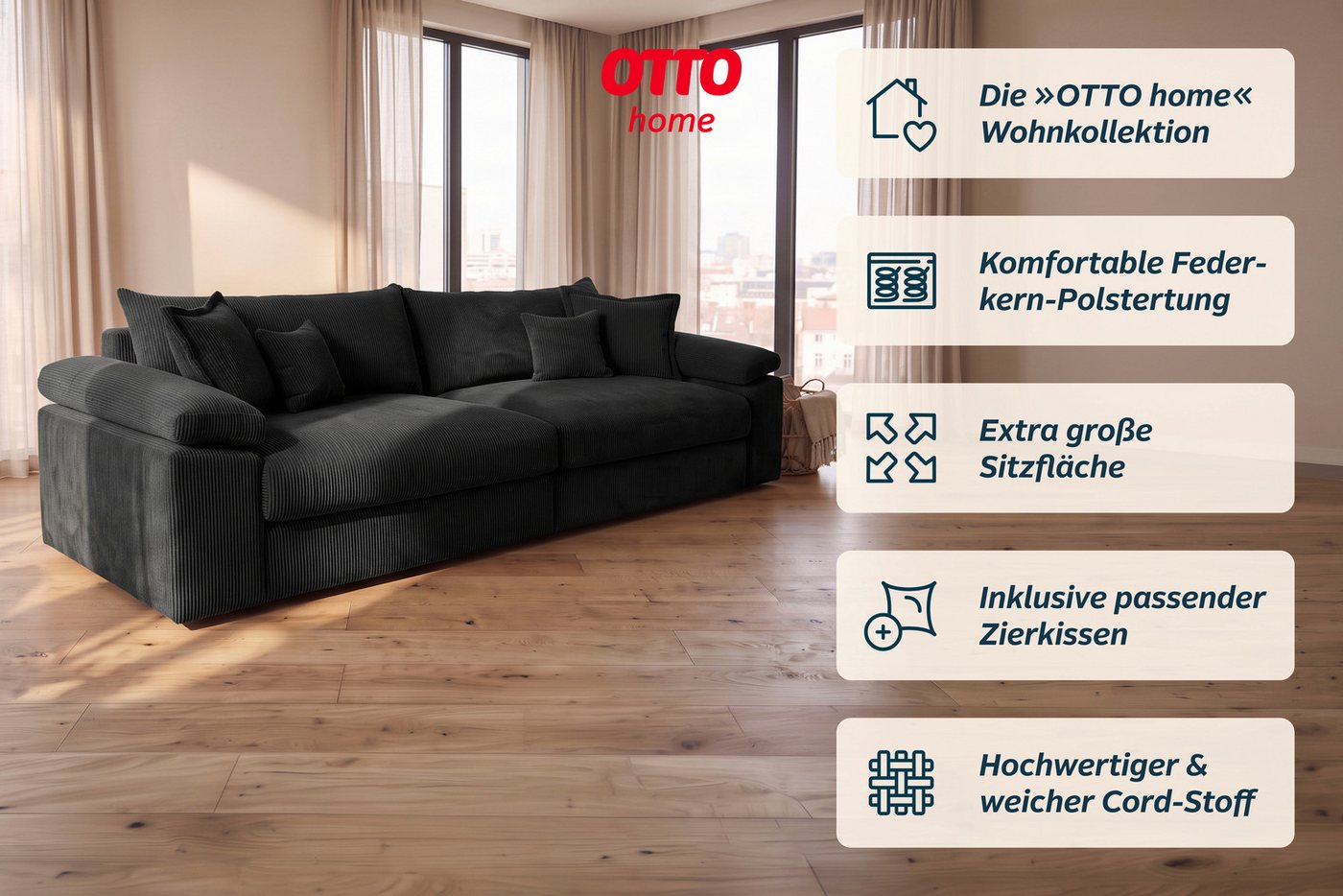 OTTO home Big-Sofa Soft&Cosy XXL, B: 303 cm - OTTO. Verlässliche Qualität., Mega-Sofa, Cord oder Chenille-Struktur, mit Federkern & 4 Zierkissen – Bild 3 von 5