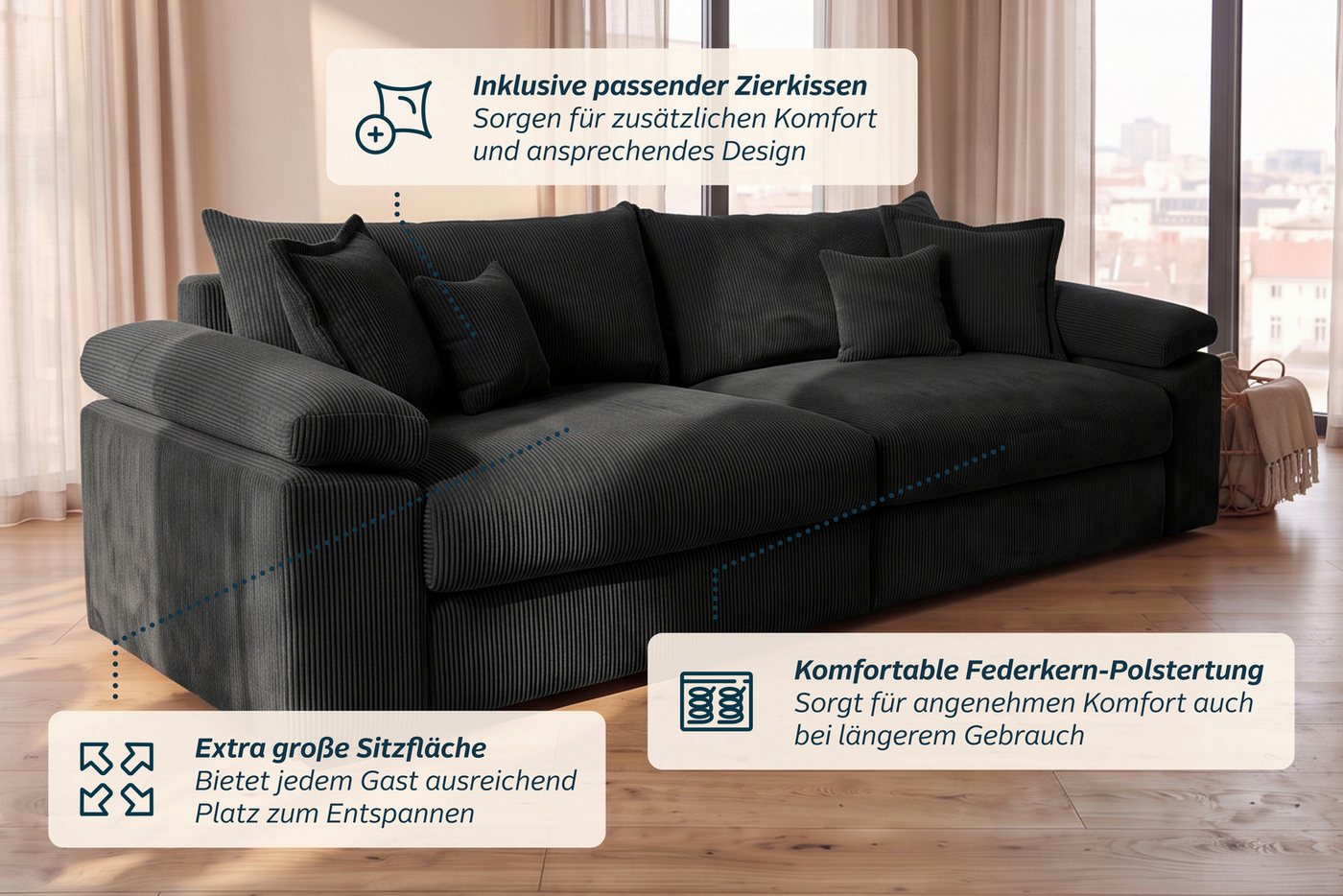 OTTO home Big-Sofa Soft&Cosy XXL, B: 303 cm - OTTO. Verlässliche Qualität., Mega-Sofa, Cord oder Chenille-Struktur, mit Federkern & 4 Zierkissen – Bild 5 von 5