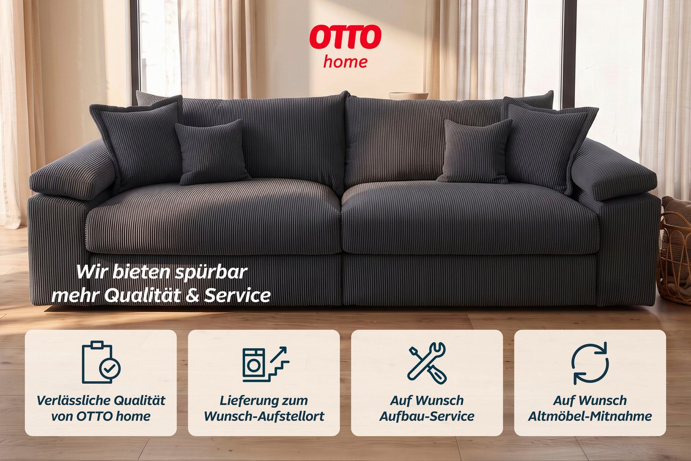 OTTO home Big-Sofa Soft&Cosy XXL, B: 303 cm - OTTO. Verlässliche Qualität., Mega-Sofa, Cord oder Chenille-Struktur, mit Federkern & 4 Zierkissen – Bild 4 von 5
