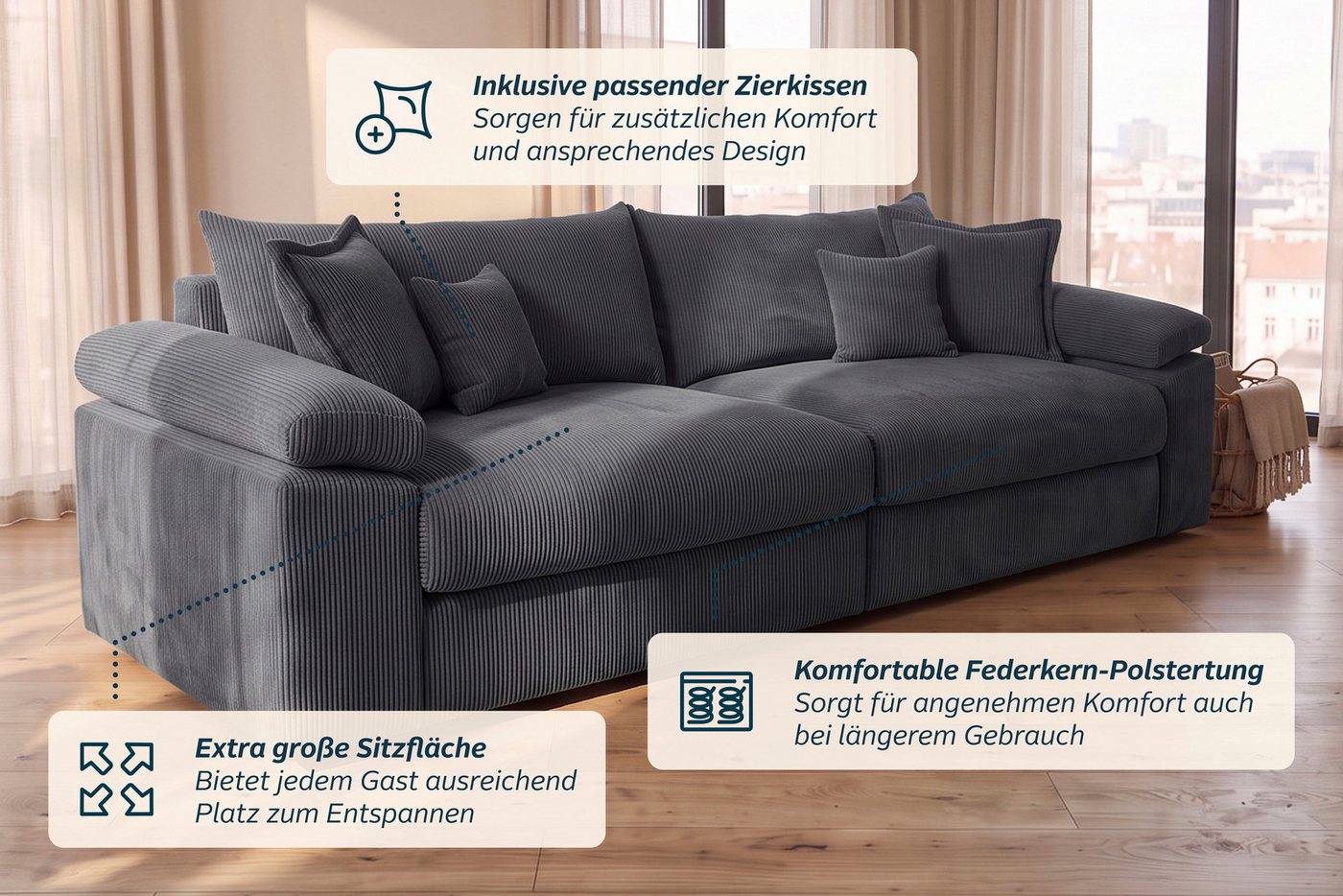 OTTO home Big-Sofa Soft&Cosy XXL, B: 303 cm - OTTO. Verlässliche Qualität., Mega-Sofa, Cord oder Chenille-Struktur, mit Federkern & 4 Zierkissen – Bild 5 von 5