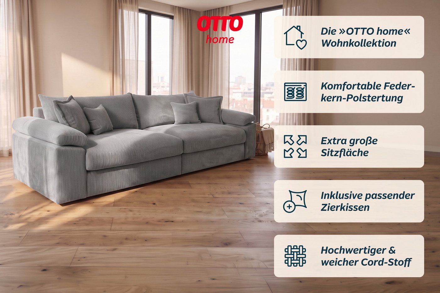 OTTO home Big-Sofa Soft&Cosy XXL, B: 303 cm - OTTO. Verlässliche Qualität., Mega-Sofa, Cord oder Chenille-Struktur, mit Federkern & 4 Zierkissen – Bild 3 von 5
