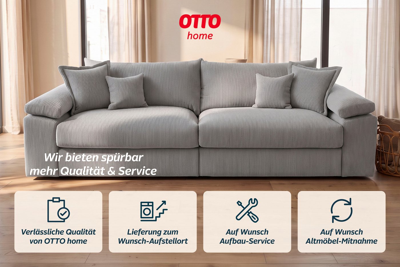 OTTO home Big-Sofa Soft&Cosy XXL, B: 303 cm - OTTO. Verlässliche Qualität., Mega-Sofa, Cord oder Chenille-Struktur, mit Federkern & 4 Zierkissen – Bild 4 von 5