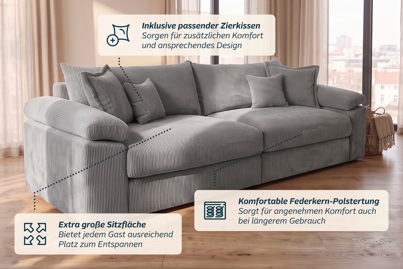 OTTO home Big-Sofa Soft&Cosy XXL, B: 303 cm - OTTO. Verlässliche Qualität., Mega-Sofa, Cord oder Chenille-Struktur, mit Federkern & 4 Zierkissen – Bild 5 von 5