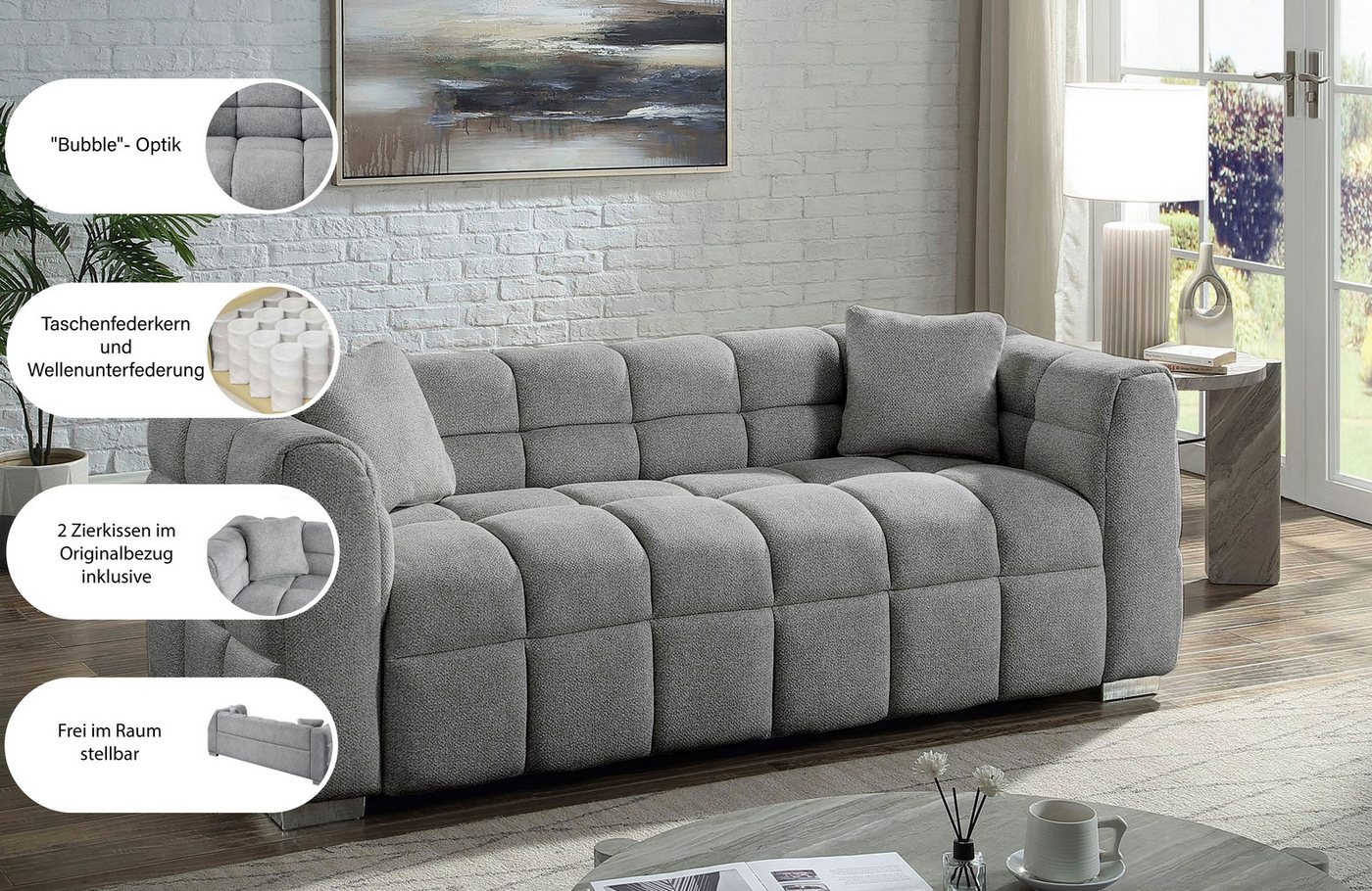 ATLANTIC home collection Big-Sofa Thor Design-Sofa mit Steppung, Bubble-Optik, B:190cm, "Bubble"-3D Optik Sofa mit Taschenfederkern, inkl. Zierkissen – Bild 3 von 5