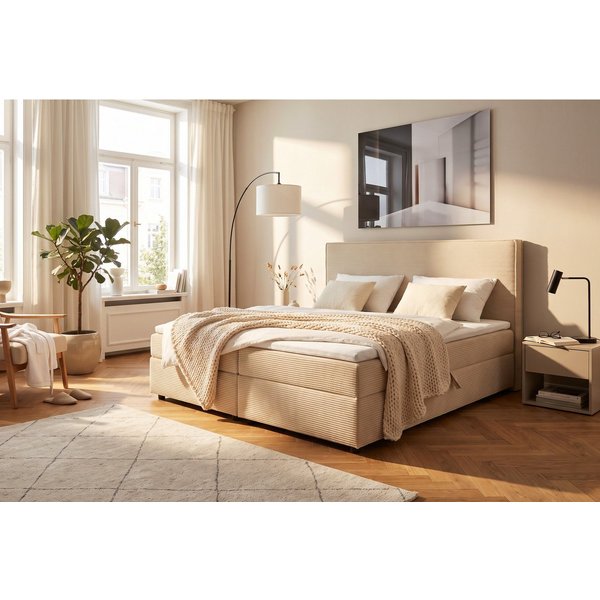 OTTO home Boxbett ELIAAS, Polsterbett mit Bettkasten, inkl. Taschenfederkernmatratze H3, mit Kaltschaumtopper, Cord-Bezug mit eleganter Kedernaht, 180x200 cm