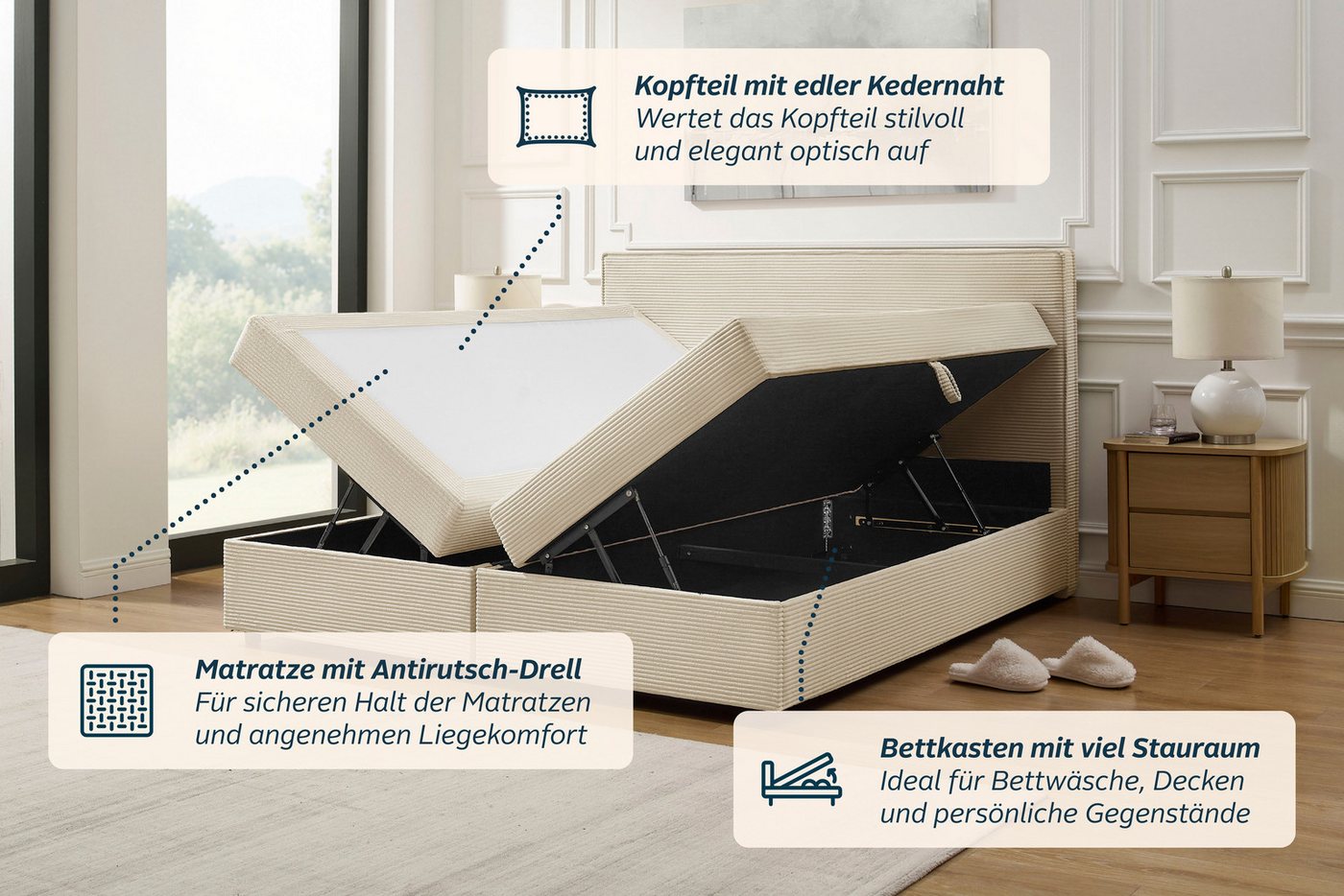 OTTO home Boxbett ELIAAS, Polsterbett mit Bettkasten, inkl. Taschenfederkernmatratze H3, mit Kaltschaumtopper, Cord-Bezug mit eleganter Kedernaht, 180x200 cm – Bild 4 von 5