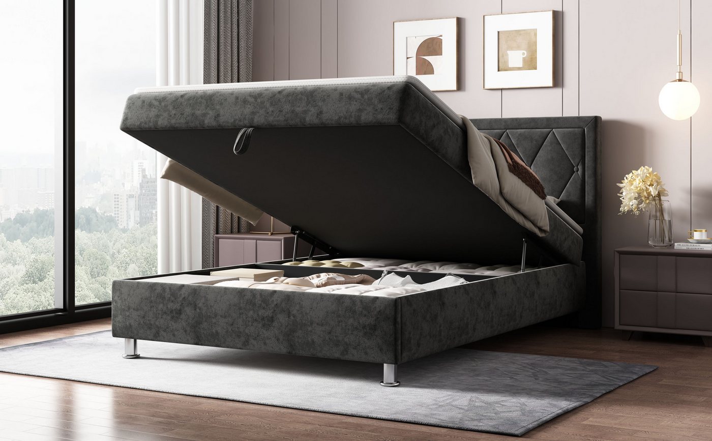 OTTO home Boxbett EMILLIAN, Polsterbett mit Bettkasten und Taschenfederkernmatratze H3, mit Kaltschaumtopper, Chenille-Bezug, Liegefläche 140x200 cm – Bild 2 von 5