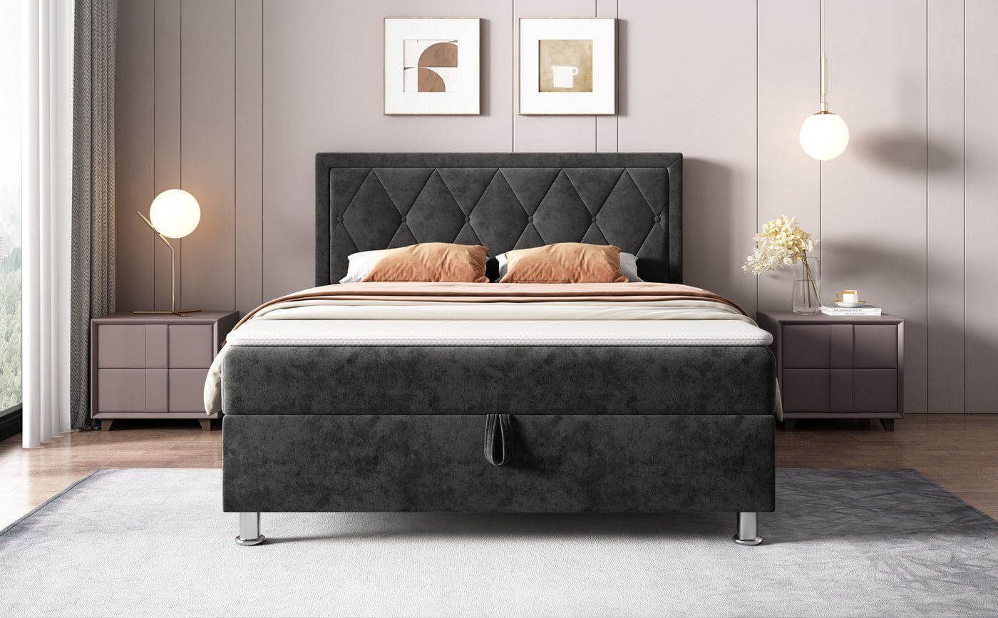 OTTO home Boxbett EMILLIAN, Polsterbett mit Bettkasten und Taschenfederkernmatratze H3, mit Kaltschaumtopper, Chenille-Bezug, Liegefläche 140x200 cm – Bild 3 von 5
