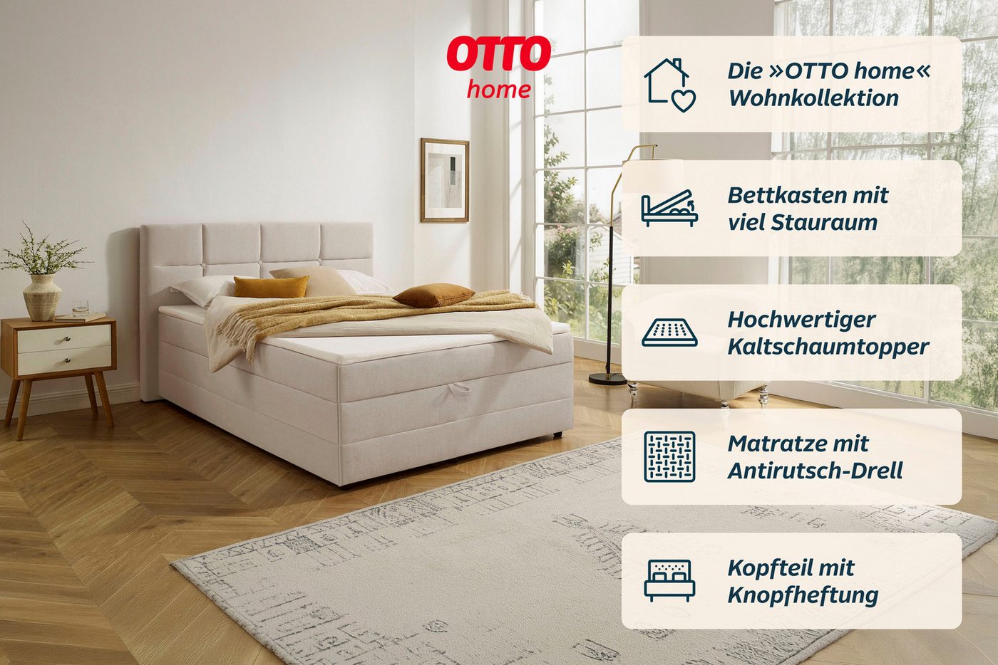 OTTO home Boxbett FILLMORE, Polsterbett mit Bettkasten und Taschenfederkernmatratze H3, mit Kaltschaumtopper, Strukturstoff-Bezug, 140x200 & 180x200 cm – Bild 4 von 5